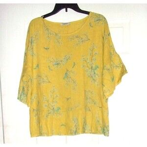 Linen Top  Valentina Naldi Yellow Blue Floral Birds Sz. L Italy  Asian Print